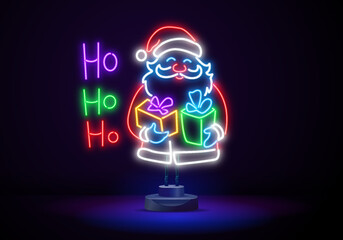 Neon icon of Santa Clause face isolated on black background. Christmas, winter holidais concept. Night neon singboard style. Vector 10 EPS illustration.