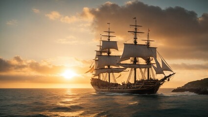 Obraz premium Enchanting Sea Sunset: Medieval Era Frigate