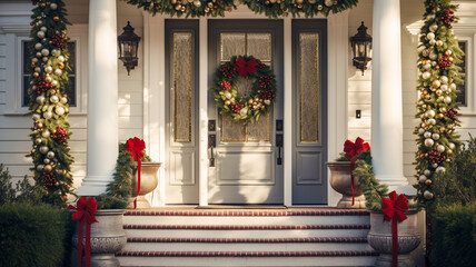 A house door and entrance in a Californian setting are adorned with festive Christmas decorations - obrazy, fototapety, plakaty