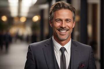 Fototapeta premium Smiling Businessman: Portrait of a Middle-aged Man in a Business Suit
