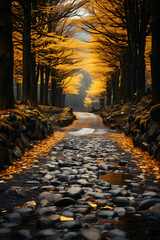 Carretera solitaria cruzando un bosque en otoño lleno de hojas amarillas