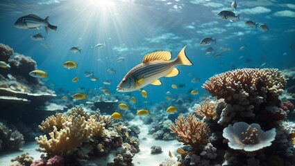 Sunlit Serenity: Coral Reef Fish in Underwater Scene with Transparent Waters