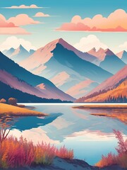 Fototapeta na wymiar Beautiful highland lake landscape. Spring meadow. AI generated illustration
