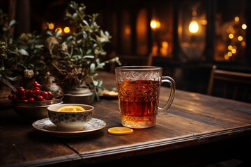 Rustic wooden table adorned with a cup of steaming mulled wine, a bundle of mistletoe, and soft, ambient lighting that evokes the warmth and romance of the holiday season and Christmas