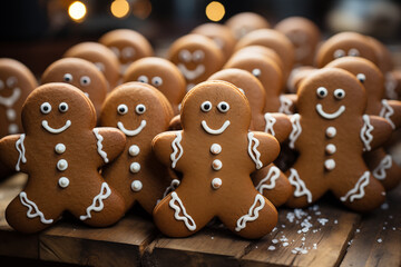 Bunch of gingerbread man cookies on table on Christmas day and holiday season