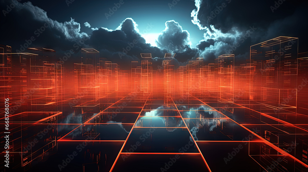 Poster concept of a digital city with cloud connections. futuristic network in the clouds.