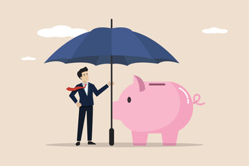 Insurance savings protection, protect finances, confident businessman investor protects his piggy bank with a big umbrella. - obrazy, fototapety, plakaty