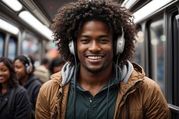 Musical Journey: Smiling Afro-American Guy with Headphones in Public Transport