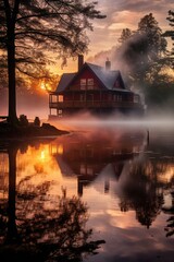 Fototapeta premium Lake House in the morning - generative ai