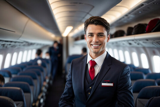 Smiling male flight attendant in the airplane cabin