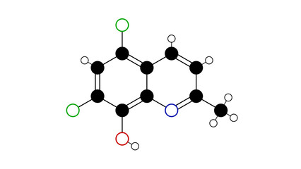 chlorquinaldol molecule, structural chemical formula, ball-and-stick model, isolated image antimicrobial