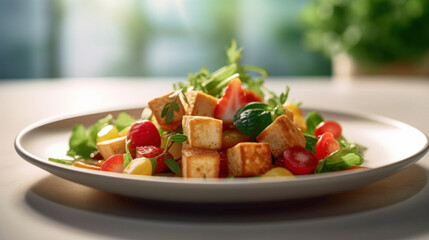 A vegan tofu salad with vegetables on white plate.