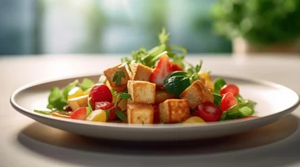 Gordijnen A vegan tofu salad with vegetables on white plate. © tong2530