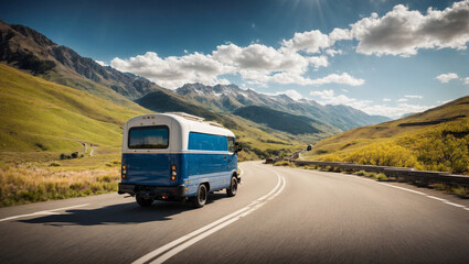 Fototapeta na wymiar Postal Car Driving on a Mountain Road on a Sunny Day
