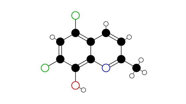 chlorquinaldol molecule, structural chemical formula, ball-and-stick model, isolated image antimicrobial