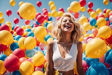 Fototapeta na wymiar Happy young woman at a celebration with balloons on a sunny summer day