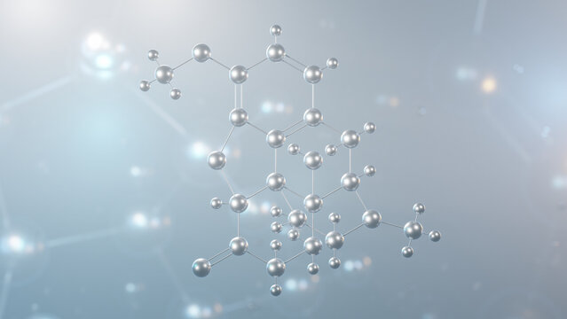 oxycodone molecular structure, 3d model molecule, semi-synthetic opioid, structural chemical formula view from a microscope