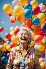 Fototapeta na wymiar Happy Elderly Woman at Celebration with Balloons on a Sunny Day