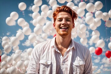 Happy Young Man on Celebration Background with Balloons