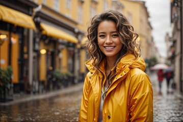 Fototapeta premium Happy Woman in Raincoat under Heavy Rain in the City.