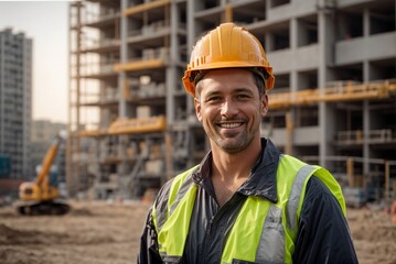 Naklejka na ściany i meble Happy Construction Worker in Protective Helmet at Construction Site. Man in Workwear and Helmet at Construction Site.
