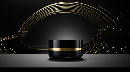 3D rendering of black product background for cream cosmetics Modern gold podium background