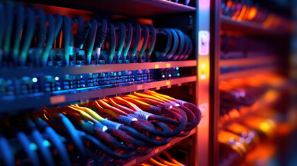 Internet cables and wires in server room with switch. Network background.