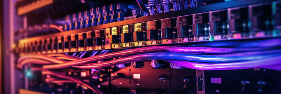 Internet cables and wires in server room with switch. Network background.
