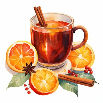 Illustration in watercolor style, traditional Christmas warming drink mulled wine in a glass cup with dried fruits and cinnamon on a plain white background.
