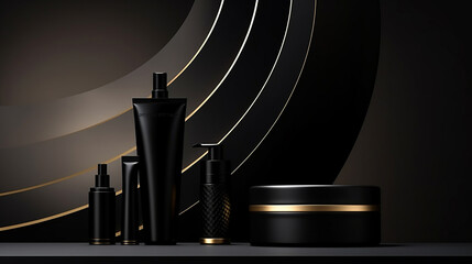 3D rendering of black product background for cream cosmetics Modern gold podium background