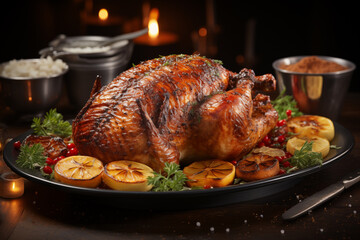 Roasted Turkey on plate with vegetables for Christmas dinner