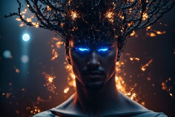 A Man with Burning Blue Eyes and a Fiery Crown on His Head: Digital Art, Fire Spell, Angry God. - obrazy, fototapety, plakaty