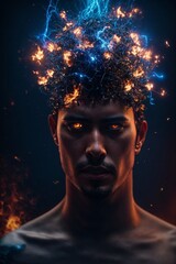 A Man with Burning Blue Eyes and a Fiery Crown on His Head: Digital Art, Fire Spell, Angry God.
