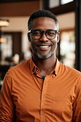 Fototapeta premium Happy Portrait of Middle-Aged Afro-American Man in Glasses. Smiling Middle-Aged Afro-American Man in Glasses Portrait.