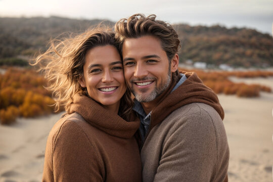 Happy Midlife Couple Embracing on the Ocean Shore in Autumn Attire