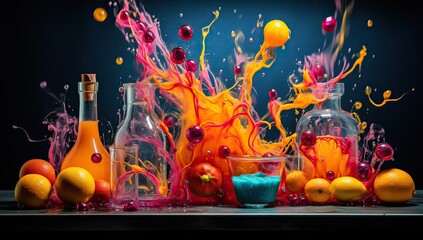 Explosion of colorful liquids among fruits and glass containers on a dark background. Abstract background and wallpaper. - obrazy, fototapety, plakaty