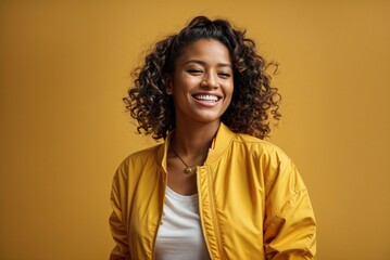 Happy Beauty: Portrait of Mixed-race Woman in Yellow Jacket on Yellow Background