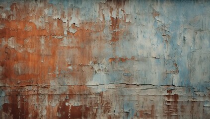 Old wall with peeling paint in various shades: from orange to blue. Abstract background and wallpaper.