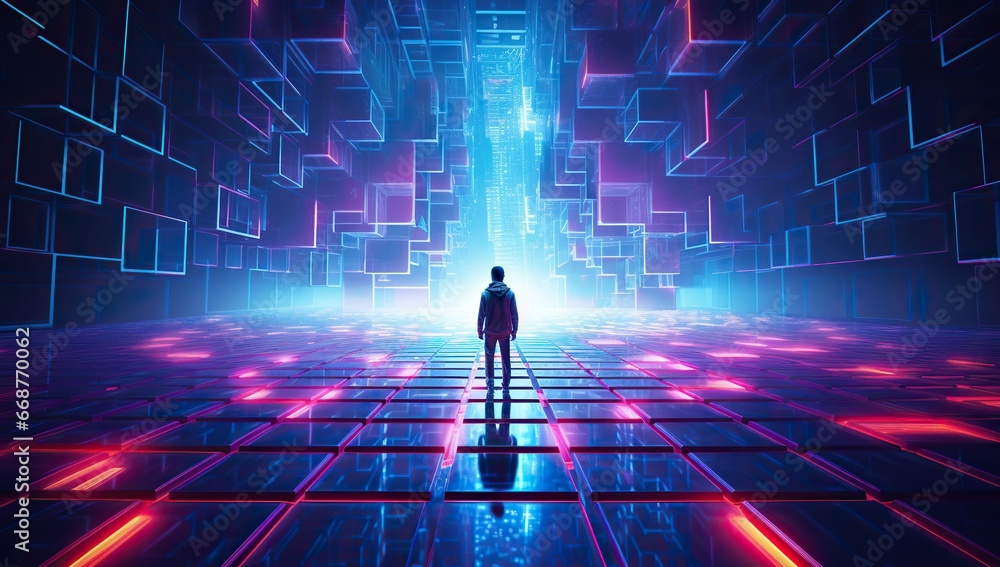 Wall mural figure of a person standing in front of a futuristic glowing corridor with geometric structures. abs