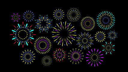 Colorful exploding festival fireworks set, Isolated on black background. Flat cartoon style. Design concept for holiday banner, poster, flyer, greeting card, decorative elements 