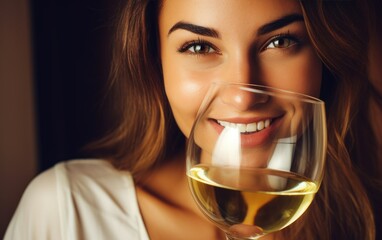 A smiling young woman drinking a glass of white wine