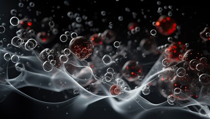 Transparent spheres with red insides and bubbles on a dark background. Abstract background and wallpaper.
