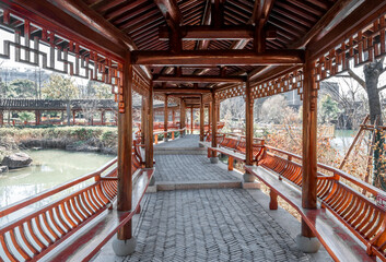 Chinese style garden wooden structure building courtyard corridor