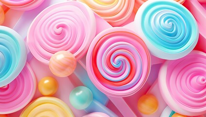 Fototapeta na wymiar Colorful swirling candies and spheres. Abstract background and wallpaper.
