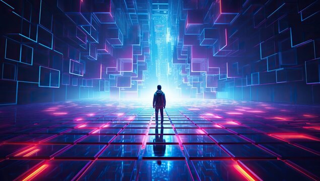 Figure of a person standing in front of a futuristic glowing corridor with geometric structures. Abstract background and wallpaper.