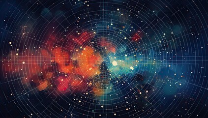 Naklejka premium Spiral galaxy of glowing dots with a multicolored background. Abstract background and wallpaper.