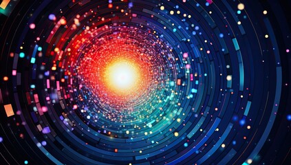 Swirling galaxy with a bright glowing center and multicolored luminous particles. Abstract background and wallpaper.