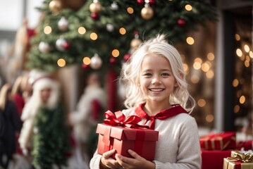 Fototapeta na wymiar Joyful Little Girl with Light Hair, Portrait at a Christmas Sale