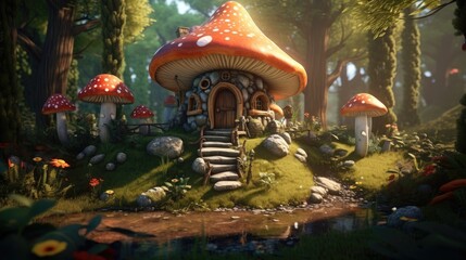 Mushroom fantasy house illustration, nature fairy home, fairy tale forest, magical, cottage, tree - obrazy, fototapety, plakaty