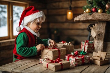 Fototapeta na wymiar Laughing little boy with white hair with Christmas gifts, portrait